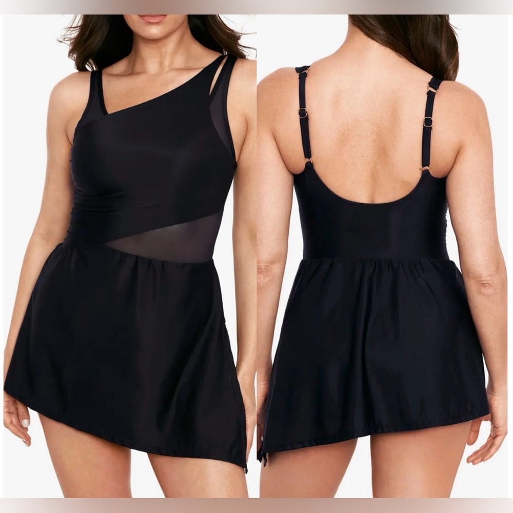 New Miraclesuit Network News Alina Skirted One-Piece Black Swimsuit Sz 10